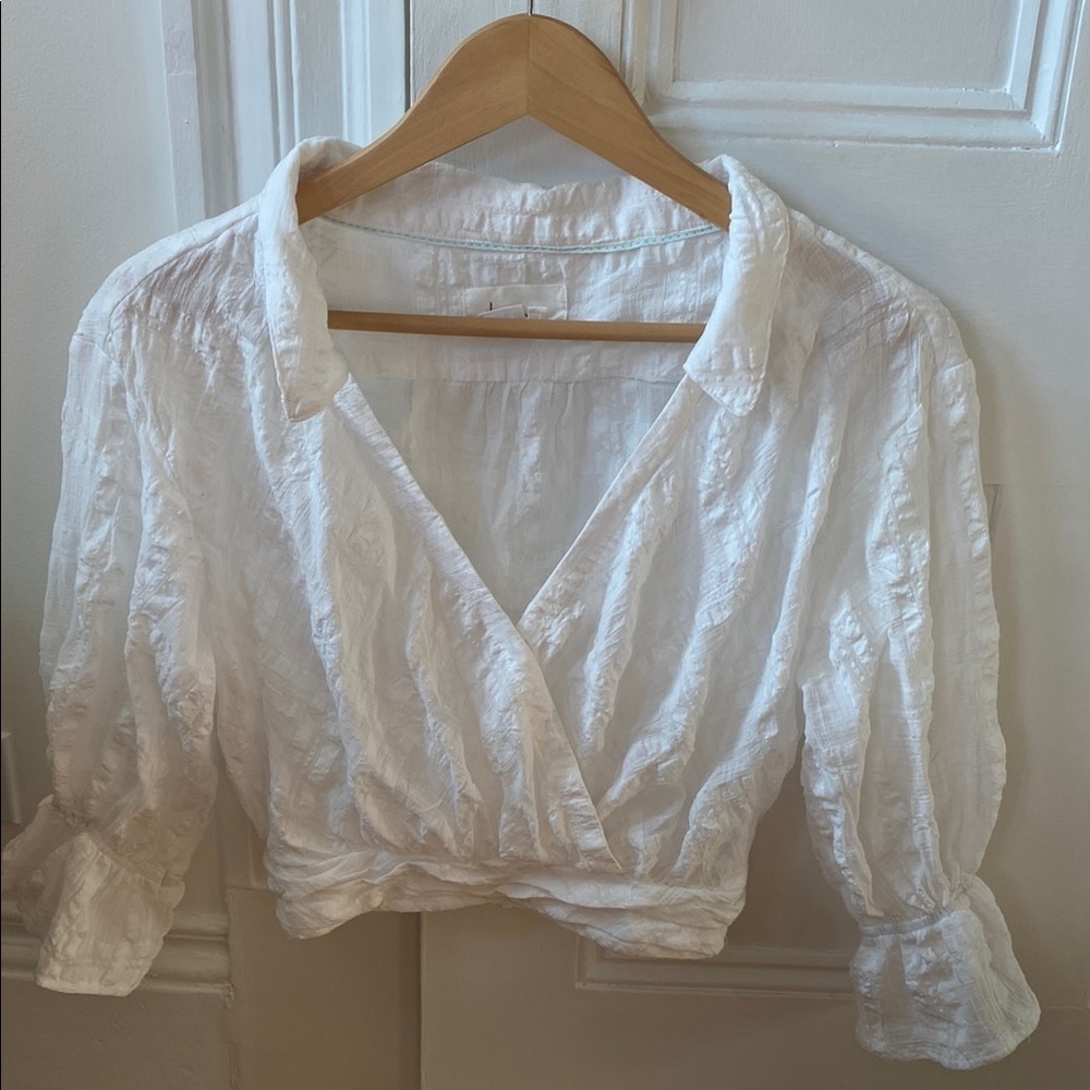 Anthropologie White Wrap Crop Blouse